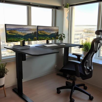 Adjustable Height L-Shaped Electric 59 Inch Sit-Stand Computer Desk with 3 Splice Boards, Lockable Casters-Ideal for Home Office, 59Inch, Black