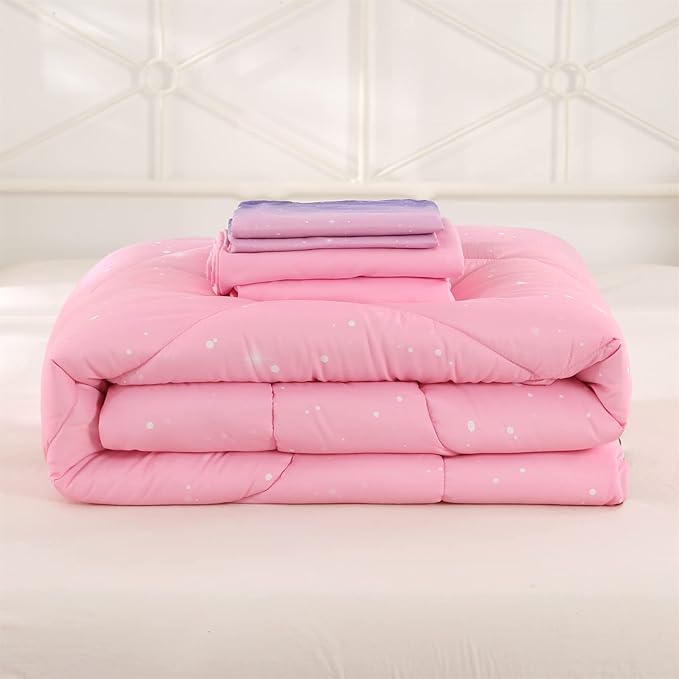 Wowelife Glitter Comforter Set Pink Queen 5 Pieces Galaxy Bedding Set Purple Kids Bedding Set Rainbow Bed in a Bag for Boys and Girls with Comforter, Flat Sheet, Fitted Sheet and 2 Pillowcases
