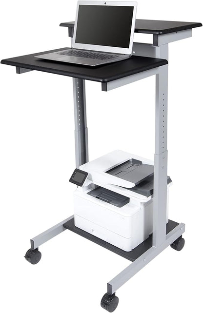Stand Up Desk Store Rolling Adjustable Height Two Tier Standing Desk Computer Workstation (Silver Frame/Black Top, 24" Wide)