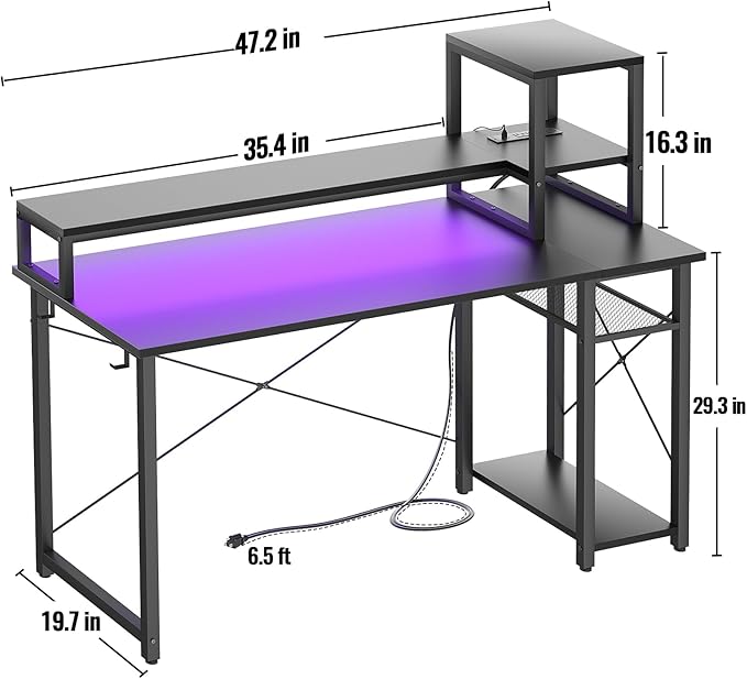Gaming Desk with Lights & Power Outlets, 47.2'' Computer Desk with Storage Shelves, Small Desk for Small Space, Desk with Monitor Stand, Black