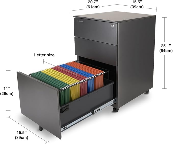 Aurora Modern SOHO Design 3-Drawer Metal Mobile File Cabinet with Lock Key Sliding Drawer, Fully Assembled, Metallic Charcoal