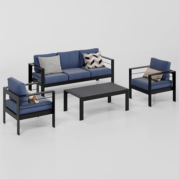Wisteria Lane Aluminum Outdoor Patio Furniture Set, 4 Pcs Modern Outdoor Conversation Set Sectional Sofa with Upgrade Cushion and Coffee Table for Balcony,Black Frame and Blue Cushion