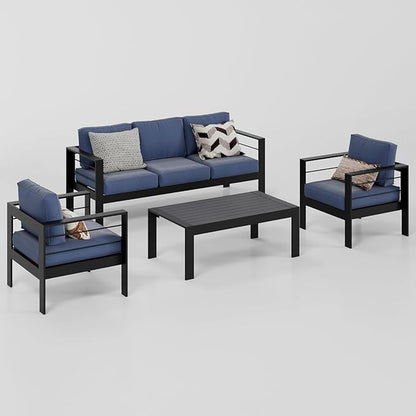 Wisteria Lane Aluminum Outdoor Patio Furniture Set, 4 Pcs Modern Outdoor Conversation Set Sectional Sofa with Upgrade Cushion and Coffee Table for Balcony,Black Frame and Blue Cushion