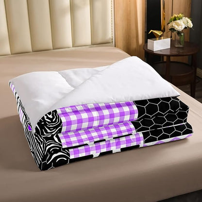 Erosebridal Cute Cow Print Comforter Set Full Size Kawaii Highland Cow Bedding Set Bedroom Decor Honeycomb Plaid Pattern Geometric Stripes Down Comforter Farm Animals Duvet Set, Purple Black Grey