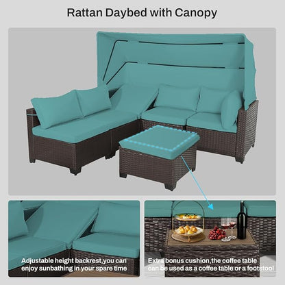 6 PCS Outdoor Patio Furniture Set,Sectional Sofa Set,Rattan Daybed with Retractable Canopy,Adjustable Backrest,Storage Coffee Table,Chaise Chair Sunbed for Garden Poolside Backyard(Walnut Green)