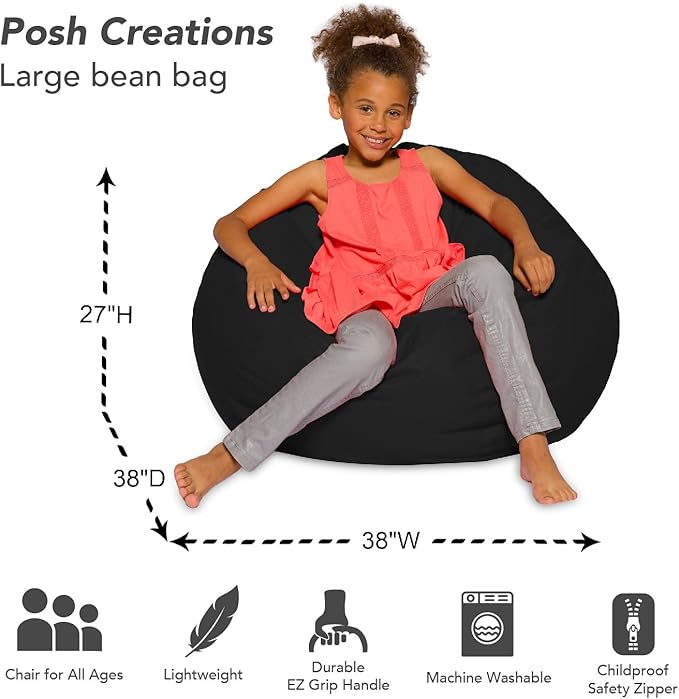 Posh Beanbags Bean Bag Chair, Large-38in, Solid Black