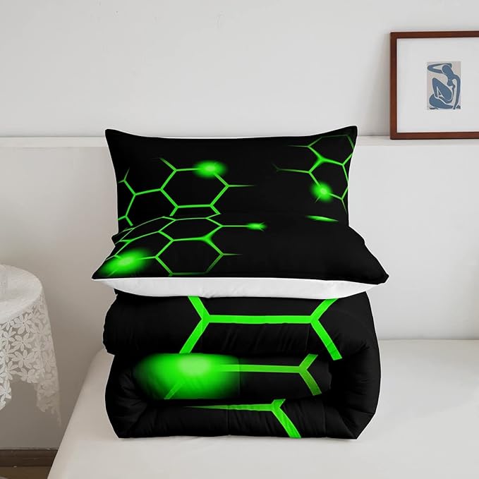 Hexagonal Comforter Set Geometric Honeycomb Bedding Set for Kids Adults Neon Green Black Comforter Modern Hexagon Beehive Quilt Set Ultra Soft Room Decor King Size Bedroom Collection 3Pcs