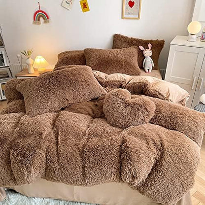 Faux Fur Kids Girls Coffee Comforter Sets Queen - 3PC Bed Set Warm Comfortable Soft Plush Flannel Velvet Fluffy Fuzzy Bedding（Comforter x 1 Pillowcases x 2）