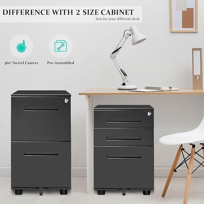 3-Drawer Mobile File Cabinets Rolling Metal Filing Cabinet for Legal & Letter File Anti-tilt Design with Lock Under Desk Office Drawers Fully Assembled Except Casters Black(Style 3)