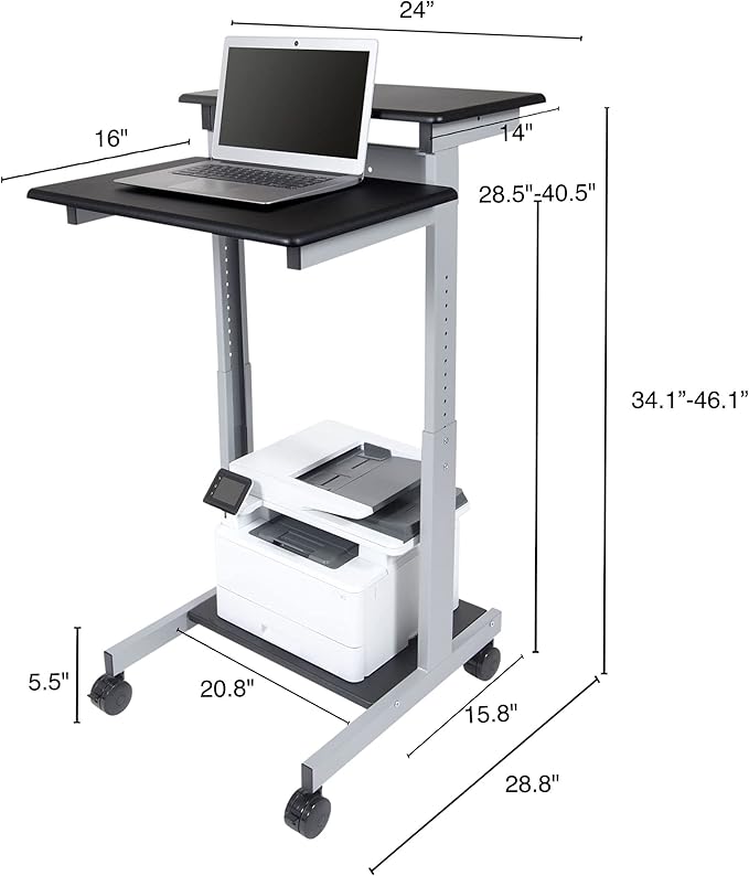 Stand Up Desk Store Rolling Adjustable Height Two Tier Standing Desk Computer Workstation (Silver Frame/Black Top, 24" Wide)