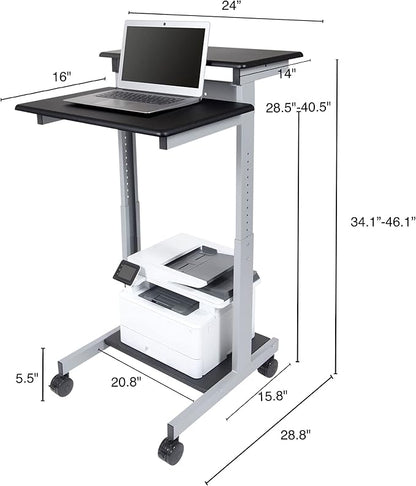 Stand Up Desk Store Rolling Adjustable Height Two Tier Standing Desk Computer Workstation (Silver Frame/Black Top, 24" Wide)