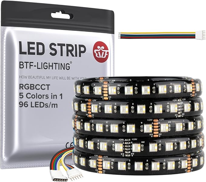 BTF-LIGHTING RGBCCT 5 Colors in 1 LED Tape Lights 5050SMD RGBWW RGB+Dimmable Color Temperature 2700K-6500K 16.4ft 96LED/m 480LED IP65 DC24V Black PCB for Home Decoration(No Adapter or Controller)