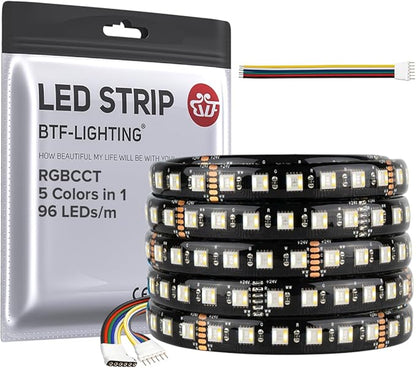 BTF-LIGHTING RGBCCT 5 Colors in 1 LED Tape Lights 5050SMD RGBWW RGB+Dimmable Color Temperature 2700K-6500K 16.4ft 96LED/m 480LED IP65 DC24V Black PCB for Home Decoration(No Adapter or Controller)