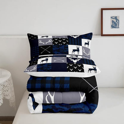 Manfei Camo Deer Antlers Comforter Set Full,Geometric Plaid Patchwork Bedding 3pcs for Kids Teens Girls Boys Room Xmas Quilt Set,Blue Grey Duvet Insert with 2 Pillowcases (WWS10843GYY-BZ_USf)