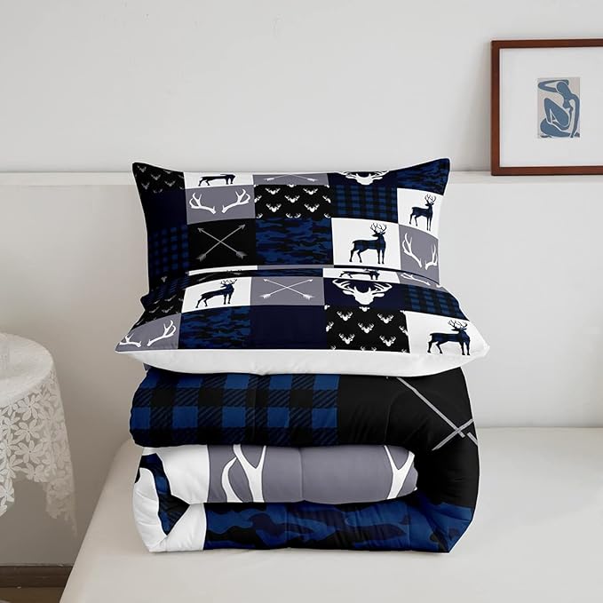 Manfei Camo Deer Antlers Comforter Set Queen, Geometric Plaid Patchwork Bedding 3pcs for Room Decor, Boho Arrow Xmas Quilt Set, Blue Grey Duvet Insert with 2 Pillowcases (WWS10843GYY-BZ_USq)
