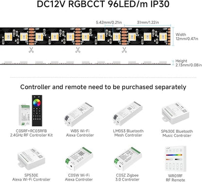 BTF-LIGHTING RGBCCT 5 Colors in 1 LED Tape Lights 5050SMD RGBWW RGB+Dimmable Color Temperature 2700K-6500K 16.4ft 96LED/m 480LED IP30 DC12V Black PCB for Home Decoration(No Adapter or Controller)