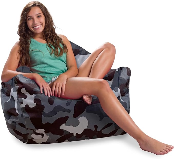 Posh Creations Structured Comfy Bean Bag Chair for Gaming, Reading and Watching TV, Malibu Lounge, Nylon - Camo Dark and Black Gray