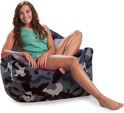 Posh Creations Structured Comfy Bean Bag Chair for Gaming, Reading and Watching TV, Malibu Lounge, Nylon - Camo Dark and Black Gray