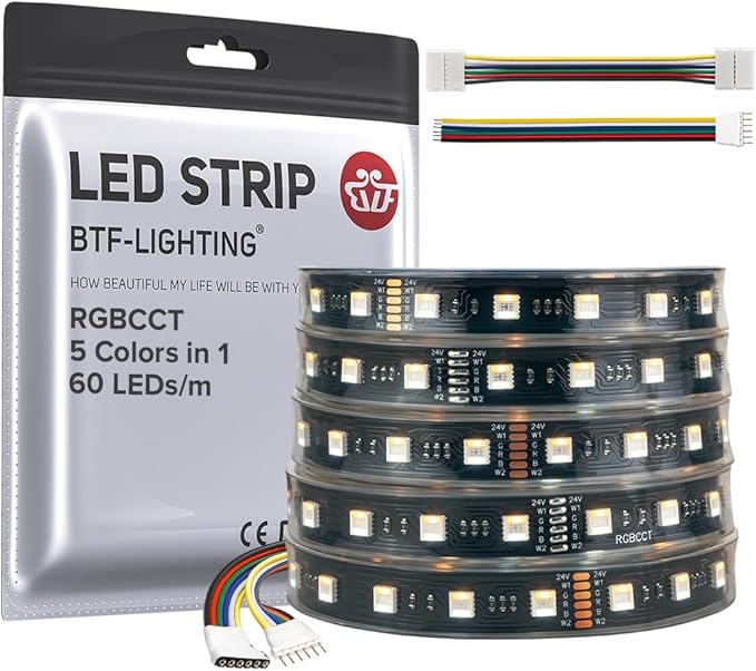BTF-LIGHTING RGBCCT 5 Colors in 1 LED 5050SMD RGBWW RGB+Dimmable Tunable Color Temperature 2700K-6500K 16.4ft 60LEDs/m 300LEDs DC24V Multi-Colored Lights IP67 for Decoration(No Adapter or Controller)