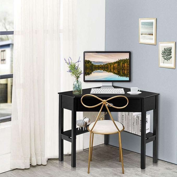 Nightcore Small, Wood Computer Desk, Compact Writing w/Drawer & Storage Shelves, Space Saving Study Workstation, Laptop PC Corner Table, Black