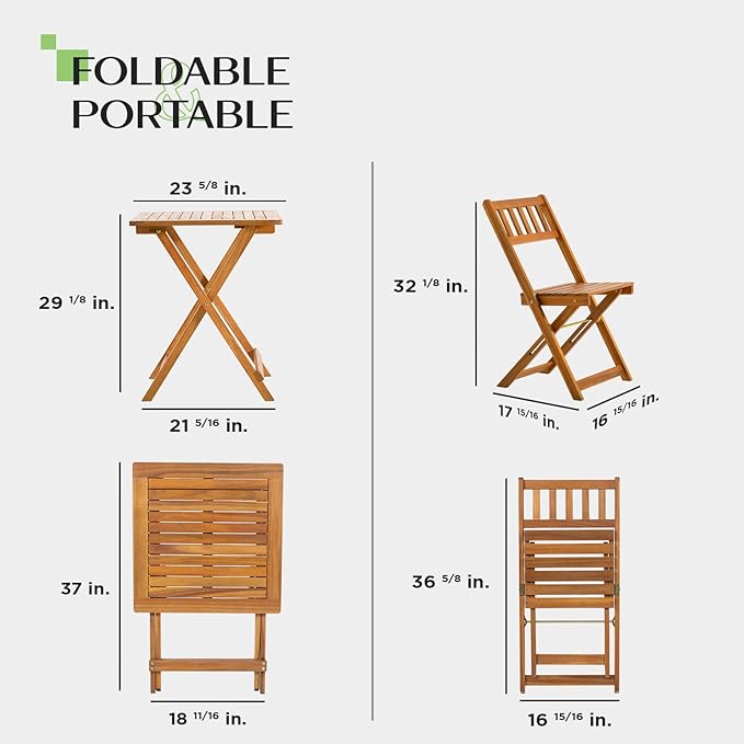 Square Table Heavy Duty 400lbs Capacity Patio Bistro Set 3 Piece Outdoor, Folding Chairs w/Cushion