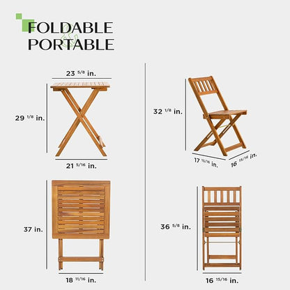 Square Table Heavy Duty 400lbs Capacity Patio Bistro Set 3 Piece Outdoor, Folding Chairs w/Cushion