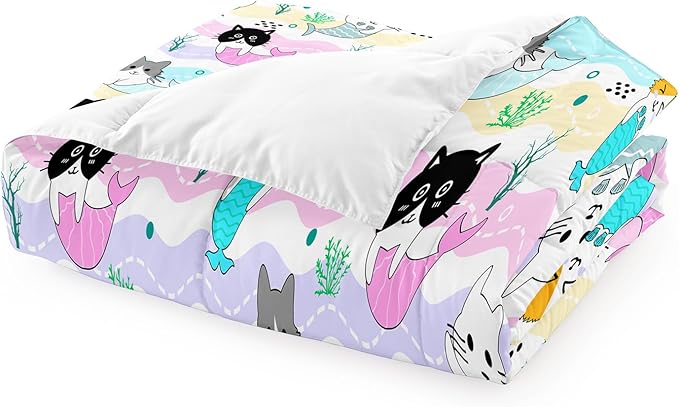 Cartoon Cat Comforter Set for Girls - Full Size Girls Cat Bedding Set for Bedroom Ultra Soft Warm Cute Mermaid Tail Cat Patterns Comforter Set for All-Season, 1 Comforter with 2 Pillowcases