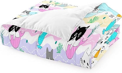 Girls Cat Bedding Set Queen Size - 3Pcs Cute Cartoon Mermaid Tail Cat Patterns Comforter Set for Girls Boys Kids Bedroom Cat Bedding Room Decor for All Season, 1 Comforter 2 Pillow Cases