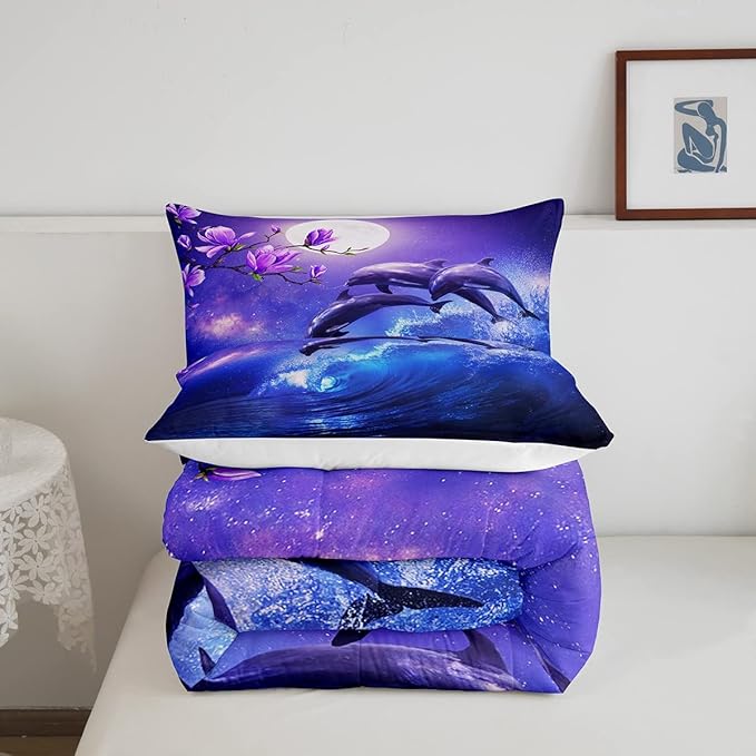 Galaxy Dolphin Bedding Set Twin Coastal Ocean Waves Comforter Set Night Star Moon Cherry Blossoms Comforter For Kids Girls Teens Sea Animal Starry Sky Quilt Duvet Purple Blue Marine Room Decor 2 Pcs