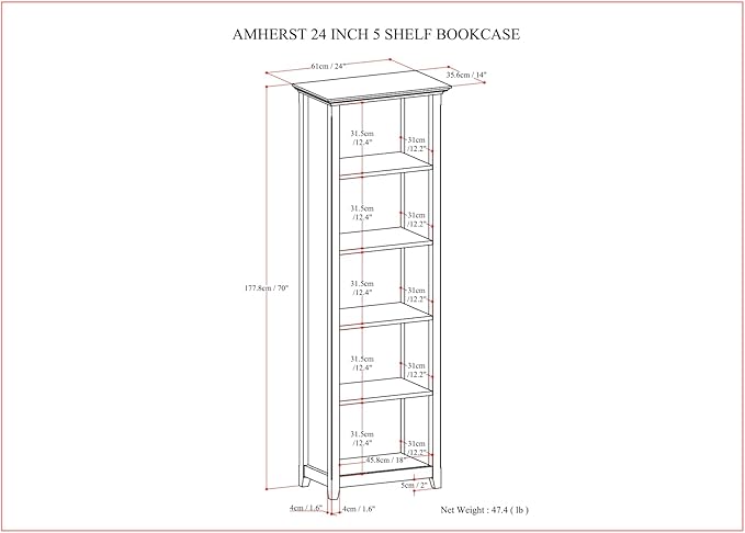 SIMPLIHOME Amherst SOLID WOOD Transitional 5 Shelf Bookcase for The Living, Study Room and Office, 24 inch, Hickory Brown