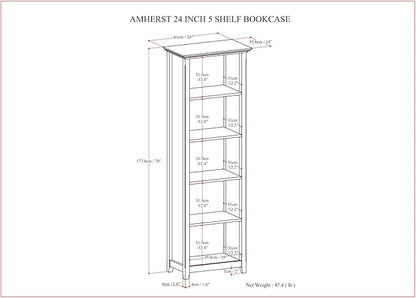 SIMPLIHOME Amherst SOLID WOOD Transitional 5 Shelf Bookcase for The Living, Study Room and Office, 24 inch, Hickory Brown