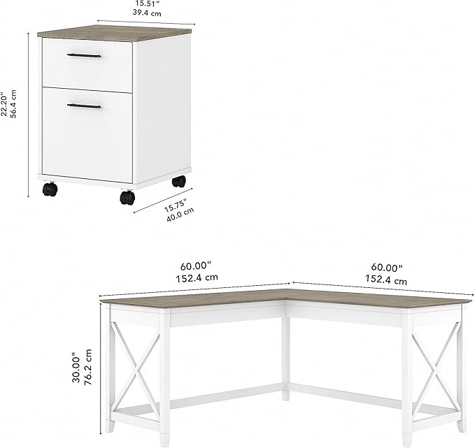 Bush Furniture Key West 60W L Shaped Desk with 2 Drawer Mobile File Cabinet in Pure White and Shiplap Gray