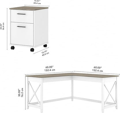 Bush Furniture Key West 60W L Shaped Desk with 2 Drawer Mobile File Cabinet in Pure White and Shiplap Gray