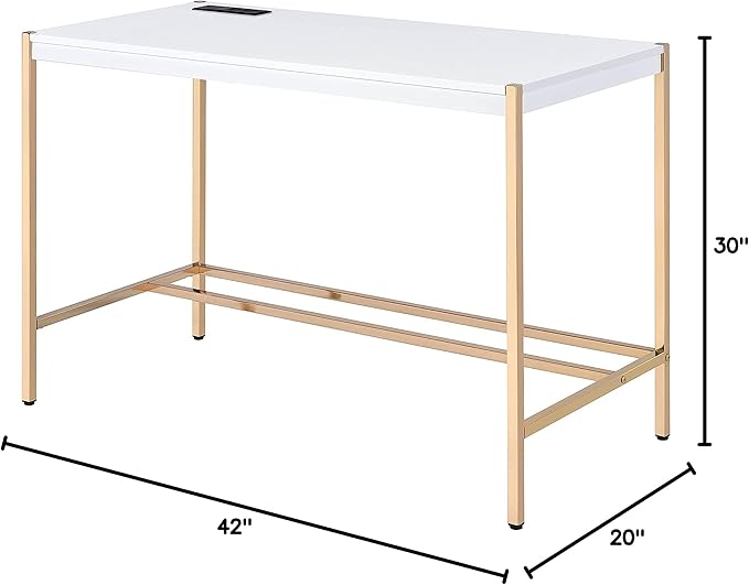 Acme Midriaks Wooden Top Writing Desk with USB Port in White and Gold