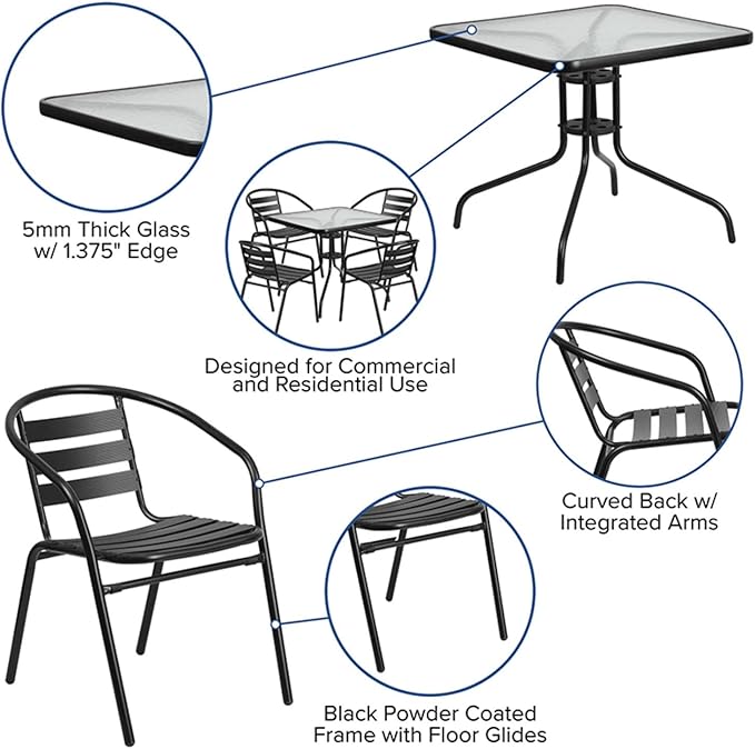 Flash Furniture 5-Piece Patio Dining Set with 31.5" Square Glass Metal Table and 4 Stackable Slat Back Chairs, Indoor/Outdoor Bistro Table and Chairs Set, Black