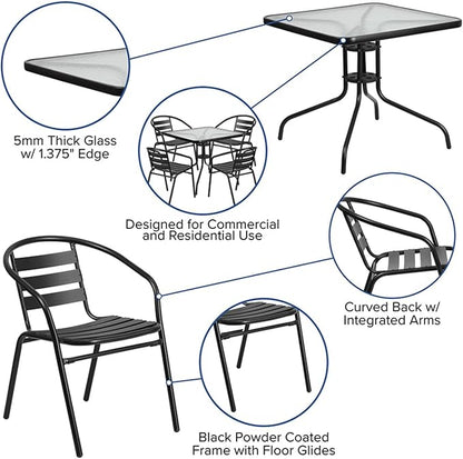 Flash Furniture 5-Piece Patio Dining Set with 31.5" Square Glass Metal Table and 4 Stackable Slat Back Chairs, Indoor/Outdoor Bistro Table and Chairs Set, Black