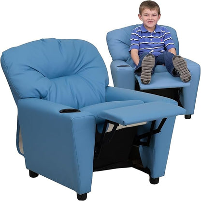 Flash Furniture Chandler Vinyl Kids Recliner with Cup Holder and Safety Recline, Contemporary Reclining Chair for Kids, Supports up to 90 lbs., Light Blue