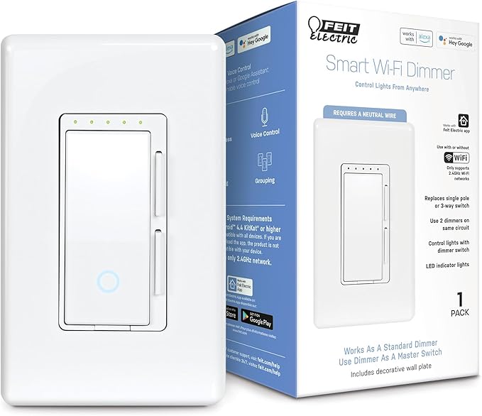 Feit Electric Smart Dimmer Switch, Neutral Wire Required for Installation, Compatible with Amazon Alexa and Google Assistant, Smart Dimmer Light Switch, White, Model:DIM/WiFi