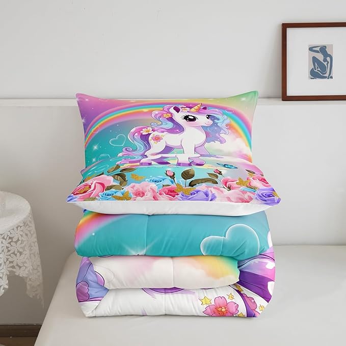 Cartoon Unicorn Kids Comforter Set Twin Size,Roses Flowers Butterfly Princess Bedding Set,Girls Women Room Decor,Rainbow Unicorn Cute Down Comforter,Pink Blue Romantic Duvet Insert,1 Pillowcase