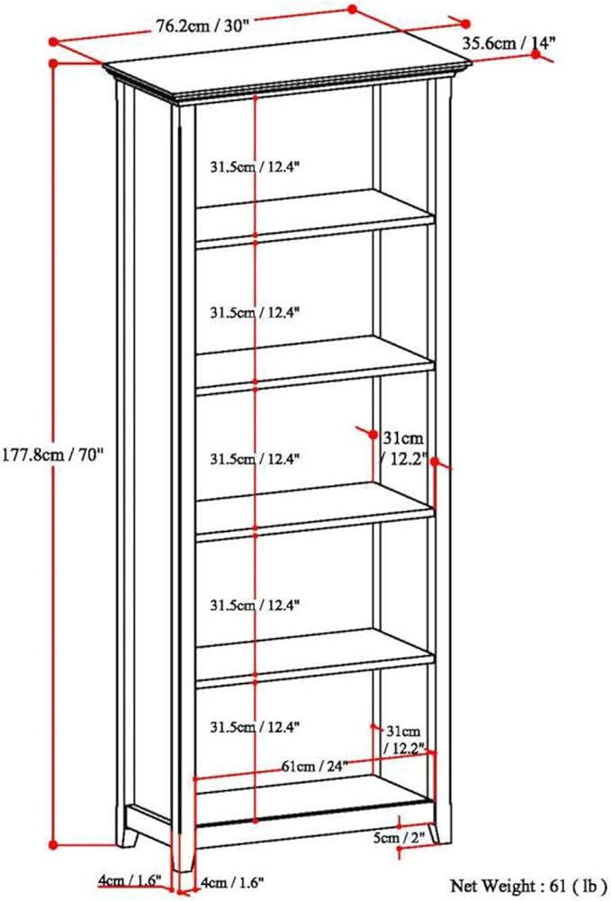 SIMPLIHOME Amherst SOLID WOOD 30 Inch Transitional 5 Shelf Bookcase in Russet Brown, For the Living Room, Study Room and Office