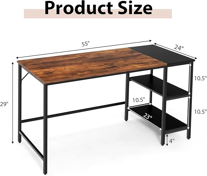 Multifunctional Computer Desk, Industrial Study Writing Desk w/Removable Storage Shelf, Heavy-Duty Metal Frame, 55 Inch Desk for Home Office, Gaming Room, Bedroom (Rustic Brown)