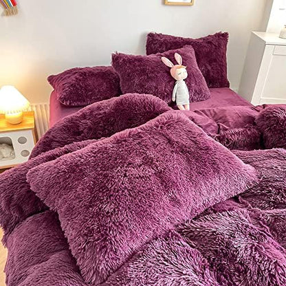 Faux Fur Kids Girls Grape Purple Comforter Sets Twin/Full - 3PC Bed Set Warm Comfortable Soft Plush Flannel Velvet Fluffy Fuzzy Bedding（Comforter x 1 Pillowcases x 2）