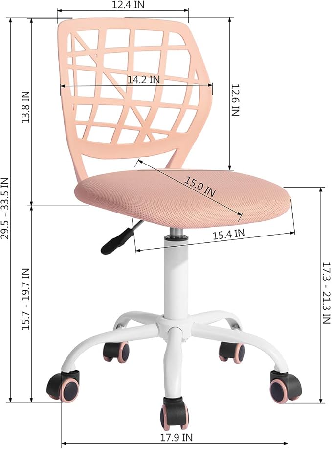 FurnitureR Desk Chair Armless Home Office Task Chair with Mesh Padded Cushion Swivel Study Chair with Rolling Wheels for Teens Child Kids Girls，Pink Plica