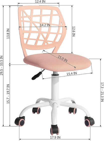 FurnitureR Desk Chair Armless Home Office Task Chair with Mesh Padded Cushion Swivel Study Chair with Rolling Wheels for Teens Child Kids Girls，Pink Plica