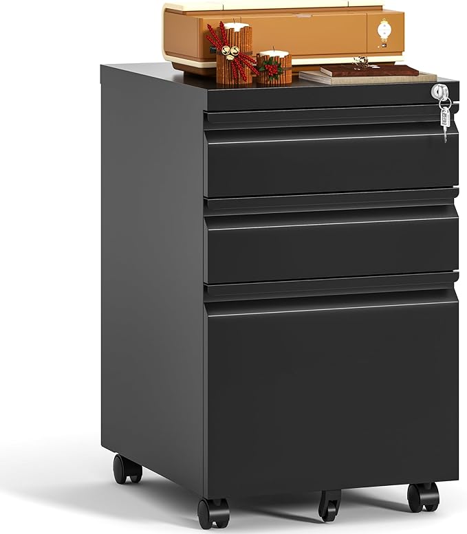 3 Drawer Mobile File Cabinet with Lock, Under Desk Metal Filing Cabinet, Fully Assembled Rolling File Cabinet with Wheels for Home Office Letters/Legal/A4 (Black)