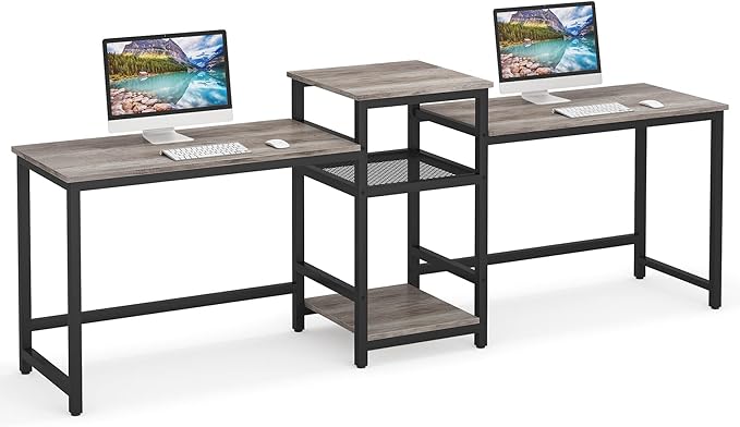 Tribesigns Extra Long Two Person Desk with Storage Shelves, 96.9 inch Double Computer Desks with Printer Shelf for 2 People, Rustic Writing Desk Workstation for Home Office