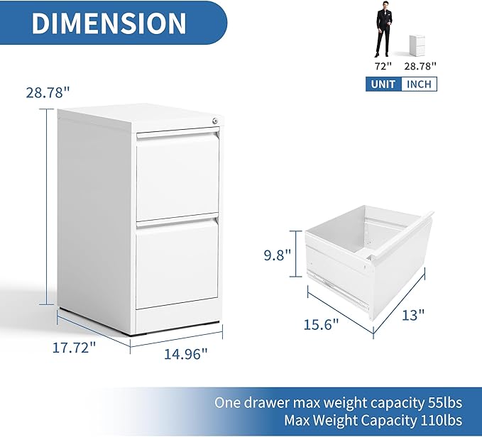 2 Drawer File Cabinet with Lock, Metal Vertical Filing Cabinets for Home Office, Steel Storage Cabinet for Hanging Legal/Letter Size Files, Assembly Required (White)