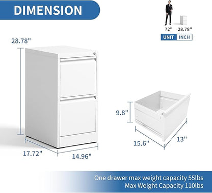 2 Drawer File Cabinet with Lock, Metal Vertical Filing Cabinets for Home Office, Steel Storage Cabinet for Hanging Legal/Letter Size Files, Assembly Required (White)