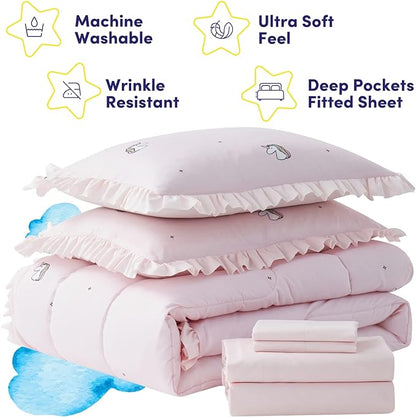 Kids Bedding Set Bed in a Bag for Boys and Girls Toddlers Printed Sheet Set and Comforter, Full, Rainbow Unicorn (Pack of 4)