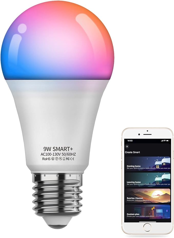 Smart Light Bulb, WiFi & Bluetooth 5.0, A19 E26 800LM Color Changing Light Bulb, Warm to Cool White, Dimmable LED Lights, App Control, UL Listed, No Hub Required, Works with Alexa Google Home